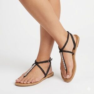 Joe Boxer Woman’s Black Braided T-Strap Sandals with Rhinestone Detail — Size 10